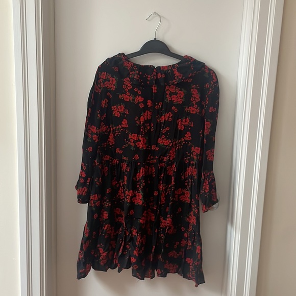 Black Zara Dress Long Sleeved with Ruffles and Red Flower Design - Picture 2 of 3